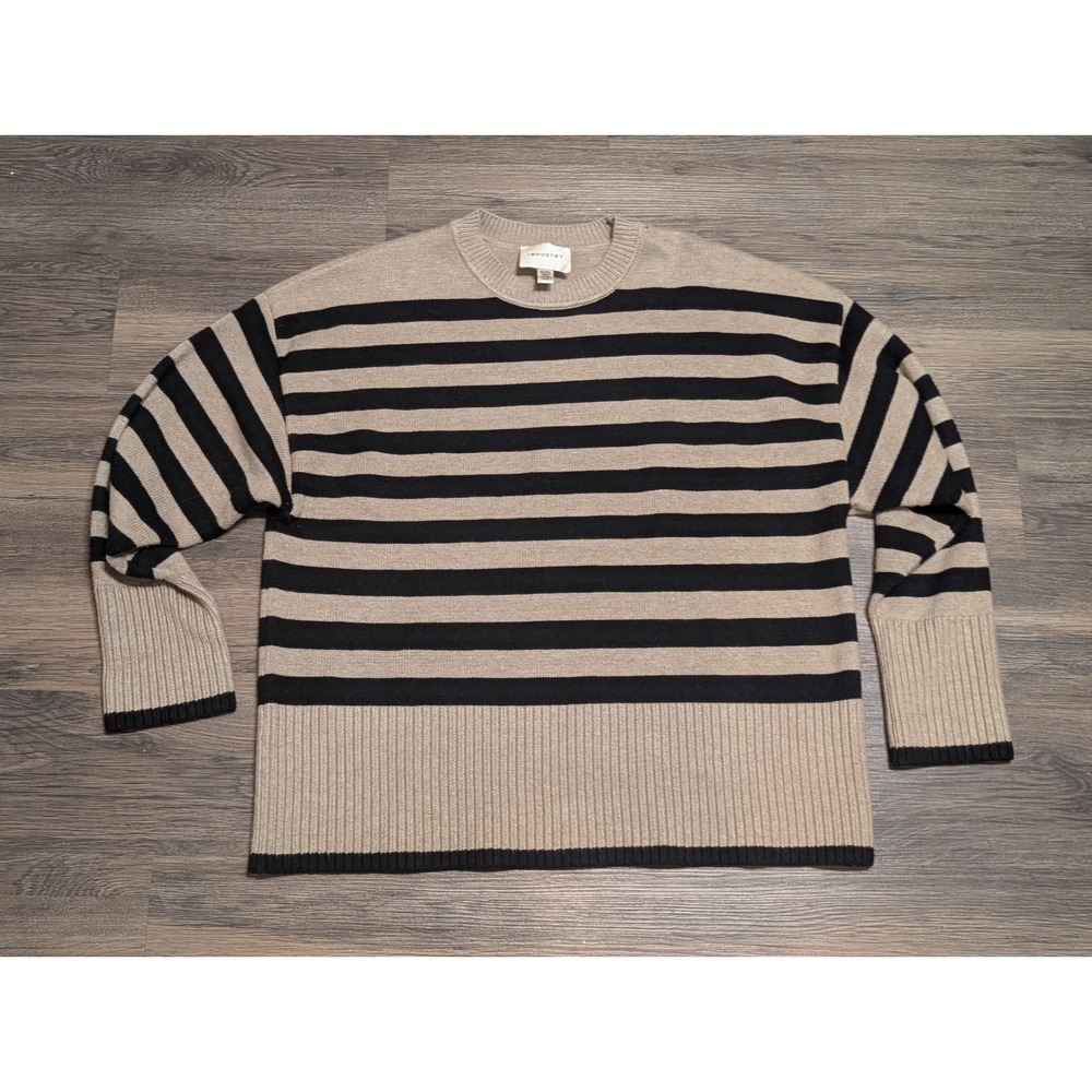 Industry Womens XL Striped Oversized Crewneck Sweater Beige Black Breton Knit